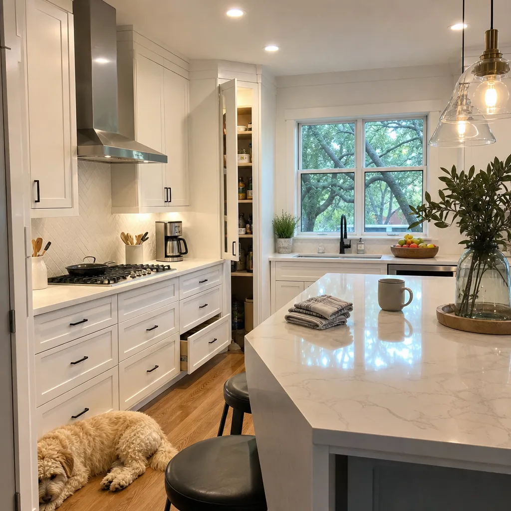 Finished custom kitchen redesign with a quartz island, vent hood, and open pantry cabinet in a Leesburg VA home