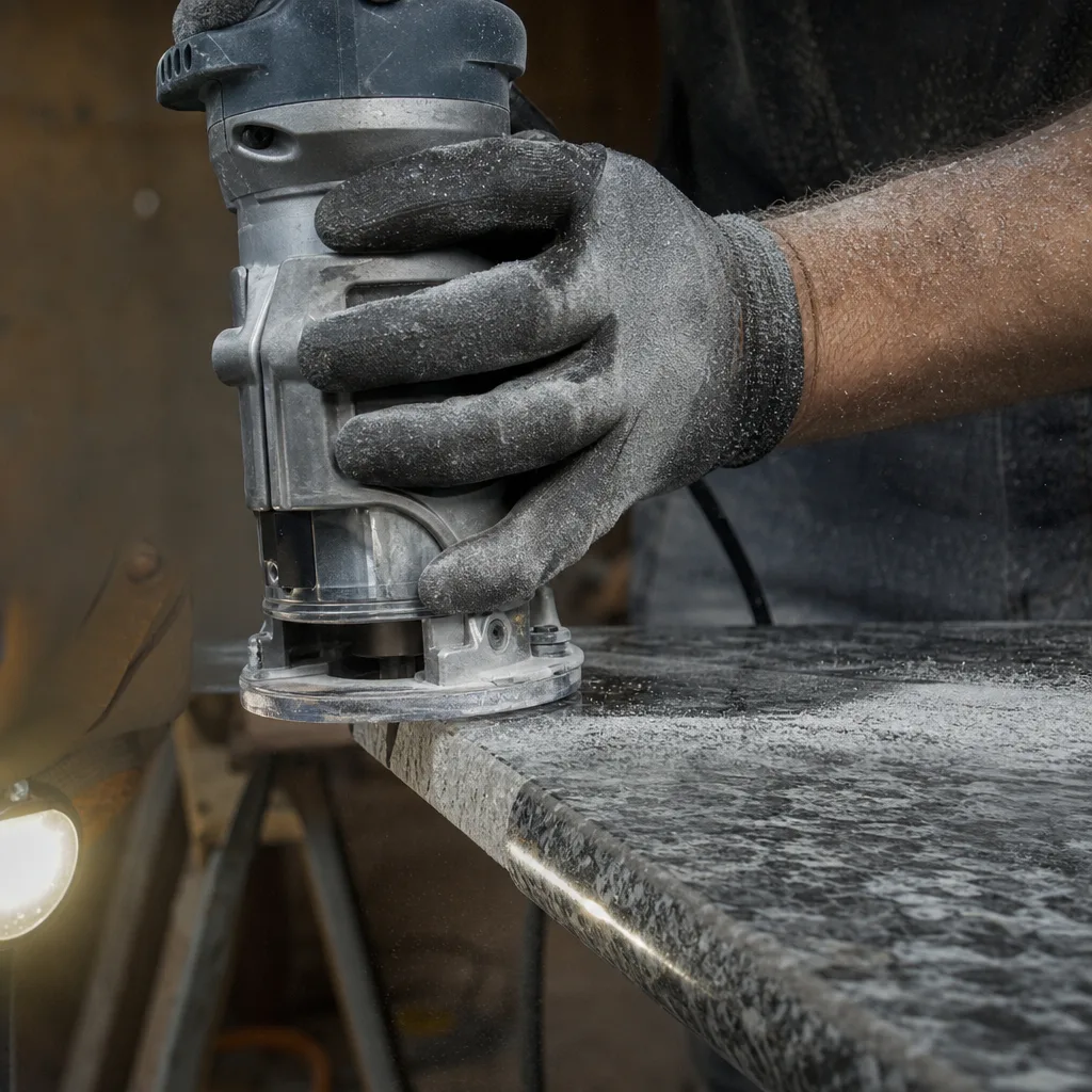 Craftsman shaping a granite countertop edge profile with a router during fabrication for a Leesburg VA home
