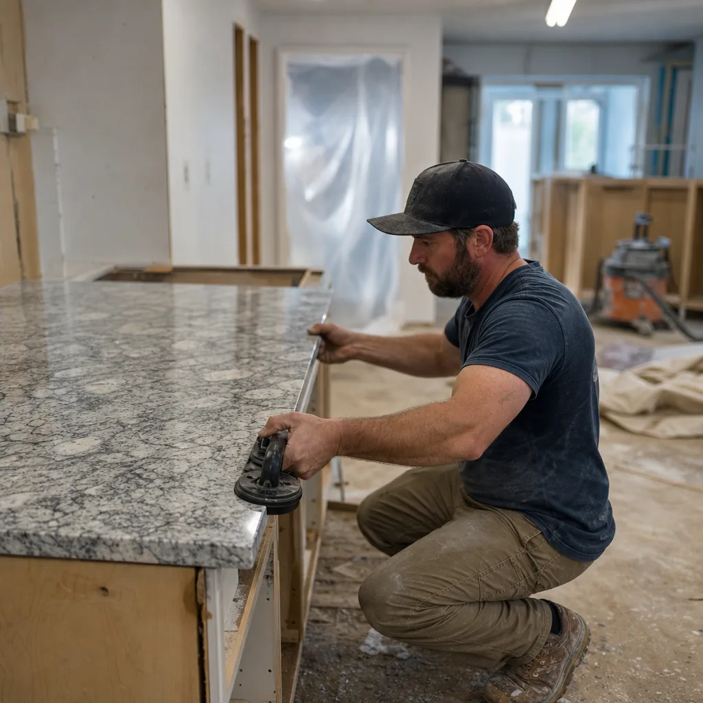 Installer polishing a newly set granite island countertop during installation in a Leesburg VA home