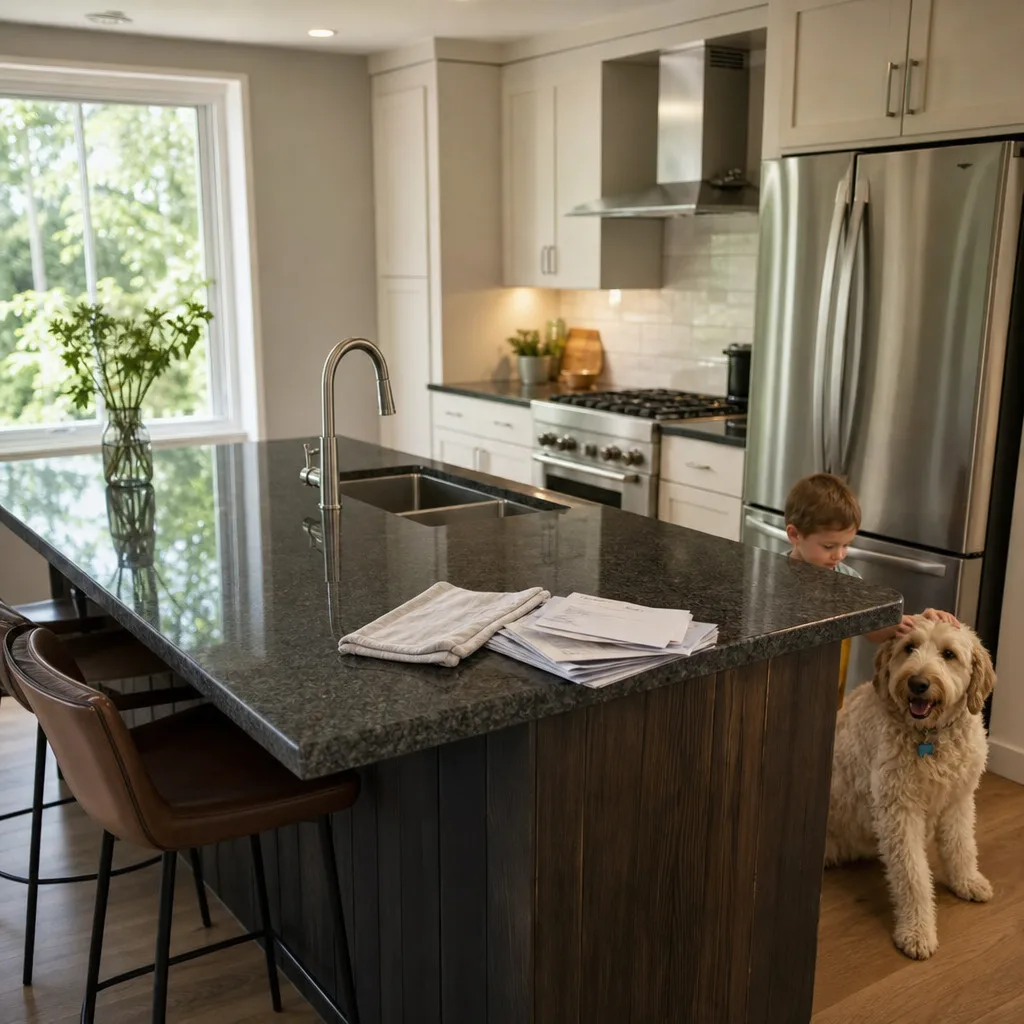 Finished dark granite countertop on a kitchen island with waterfall side panel in a Leesburg VA home