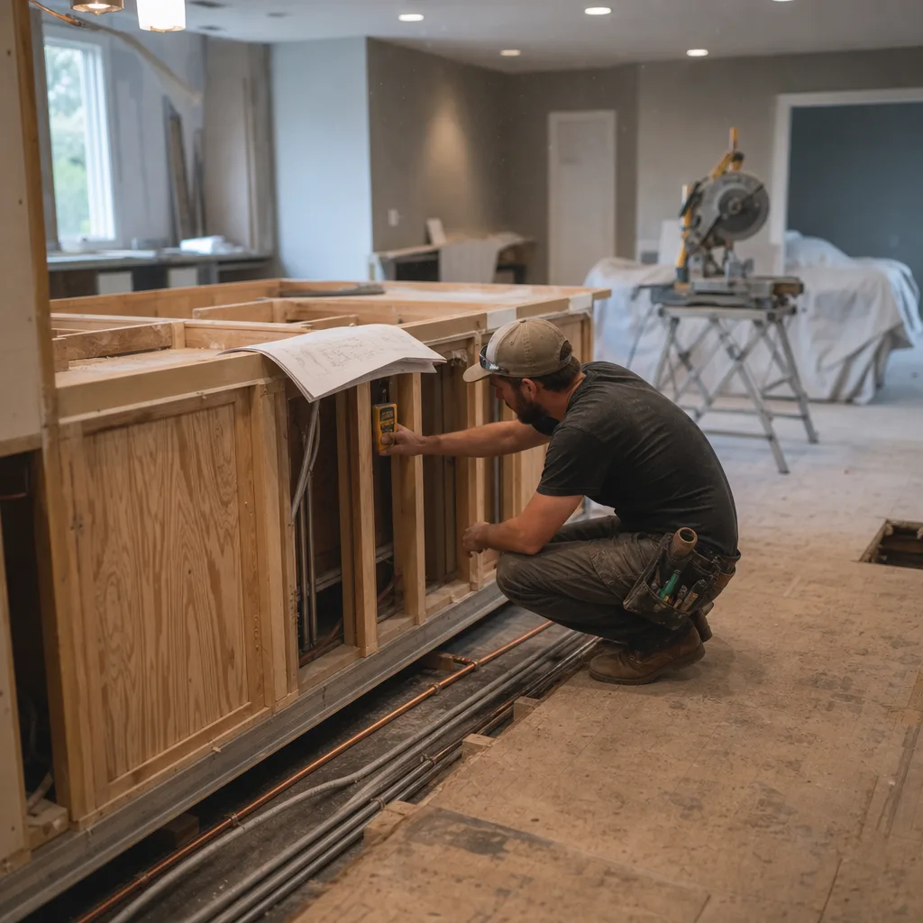 Contractor checking electrical rough-in with plumbing lines visible under a kitchen island cabinet base in a Leesburg VA home