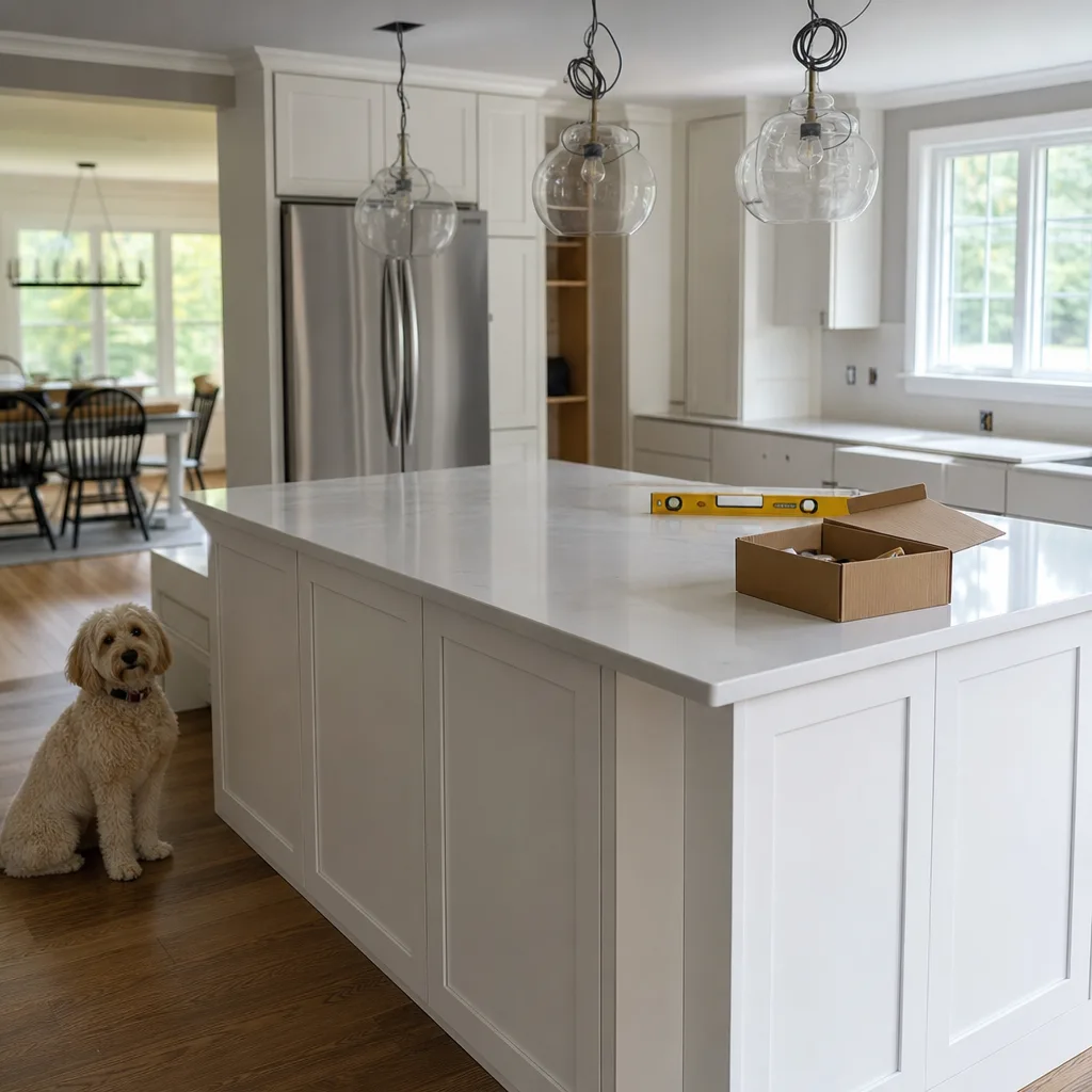 Finished white kitchen island with pendant lighting and quartz countertop in a Leesburg VA home