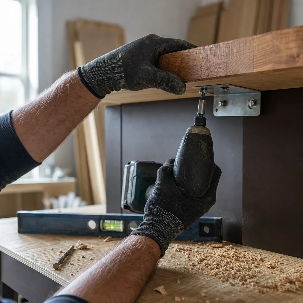 Contractor installing a steel support bracket under a wood island overhang during kitchen island installation in a Leesburg VA home