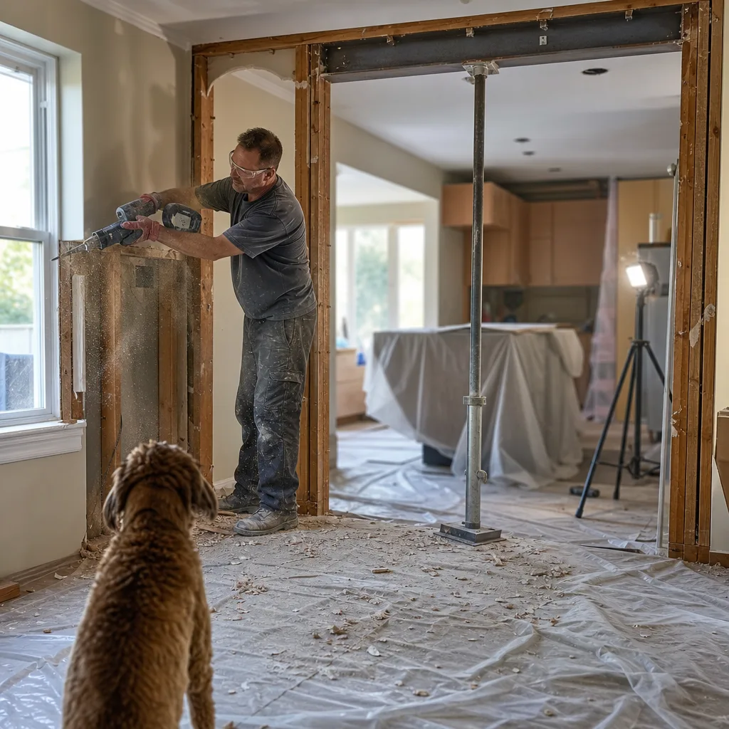 Contractor demolishing a kitchen wall opening with a temporary steel support post in place in a Leesburg VA home