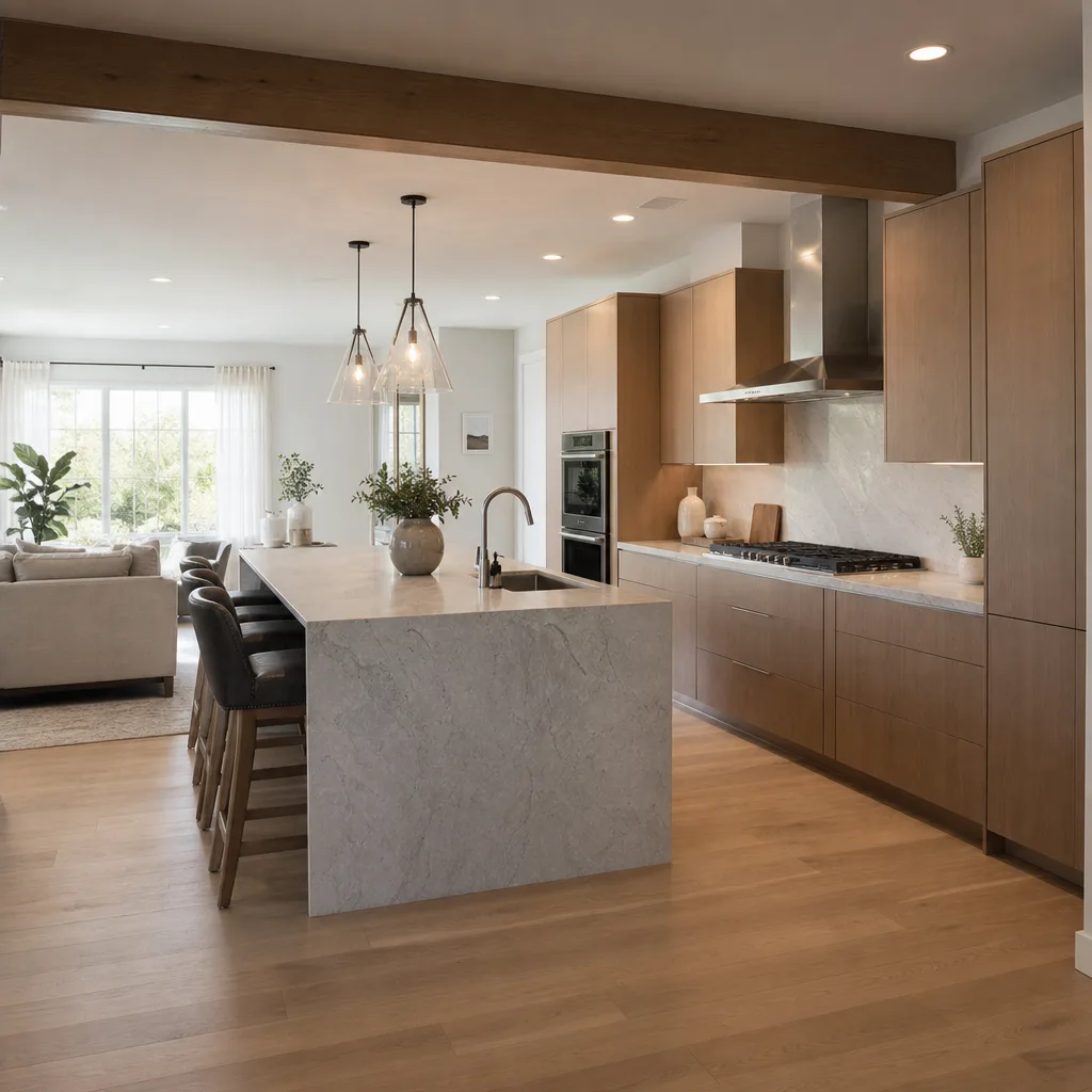 Finished open concept kitchen with an exposed structural beam and large island open to the living room in a Leesburg VA home