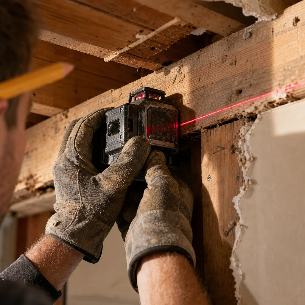 Contractor checking exposed ceiling joists with a laser level to diagnose a load-bearing kitchen wall in a Leesburg VA home