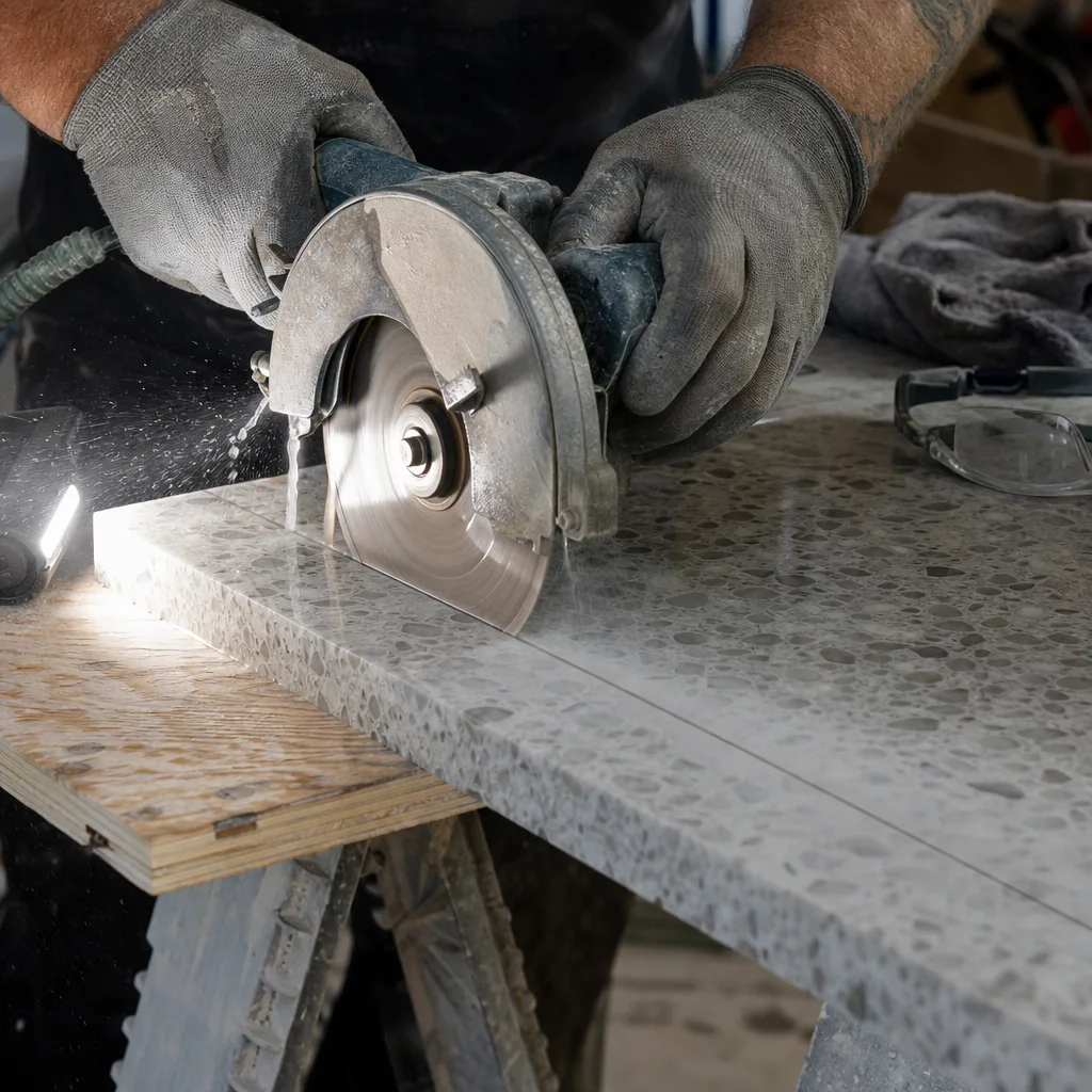Fabricator wet-cutting a quartz countertop slab with a circular saw during fabrication for a Leesburg VA home