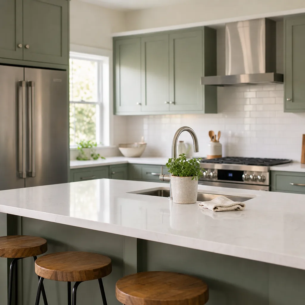 Finished white quartz countertop and island in a sage green cabinet kitchen in a Leesburg VA home