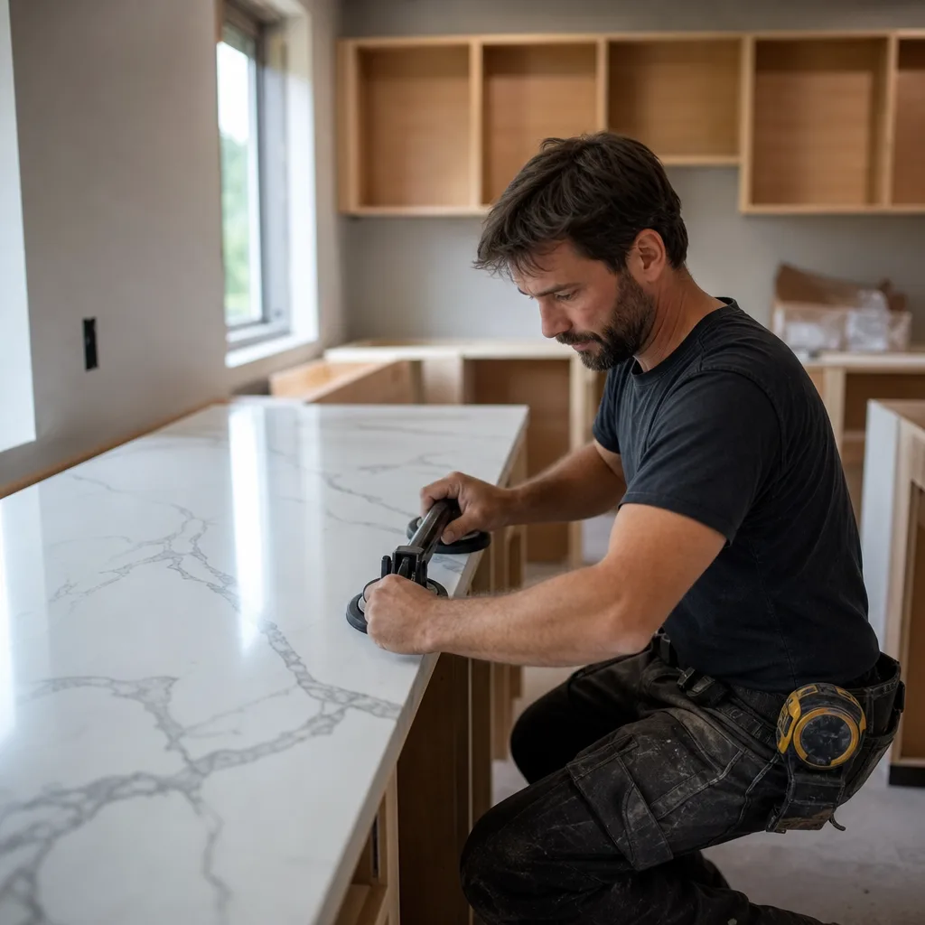 Installer leveling a newly set quartz countertop on cabinet boxes during install day in a Leesburg VA home