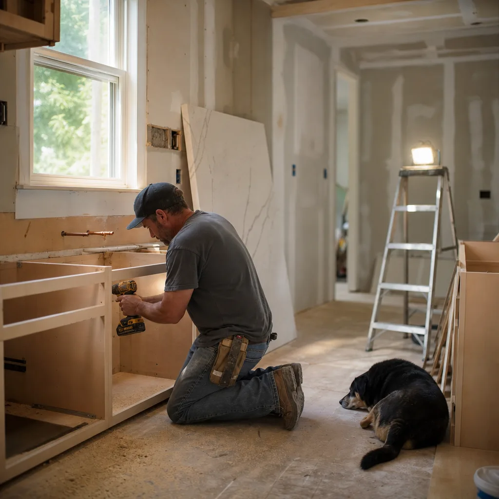 Contractor installing a base cabinet beneath a window during an in-progress small kitchen remodel in a Leesburg VA home