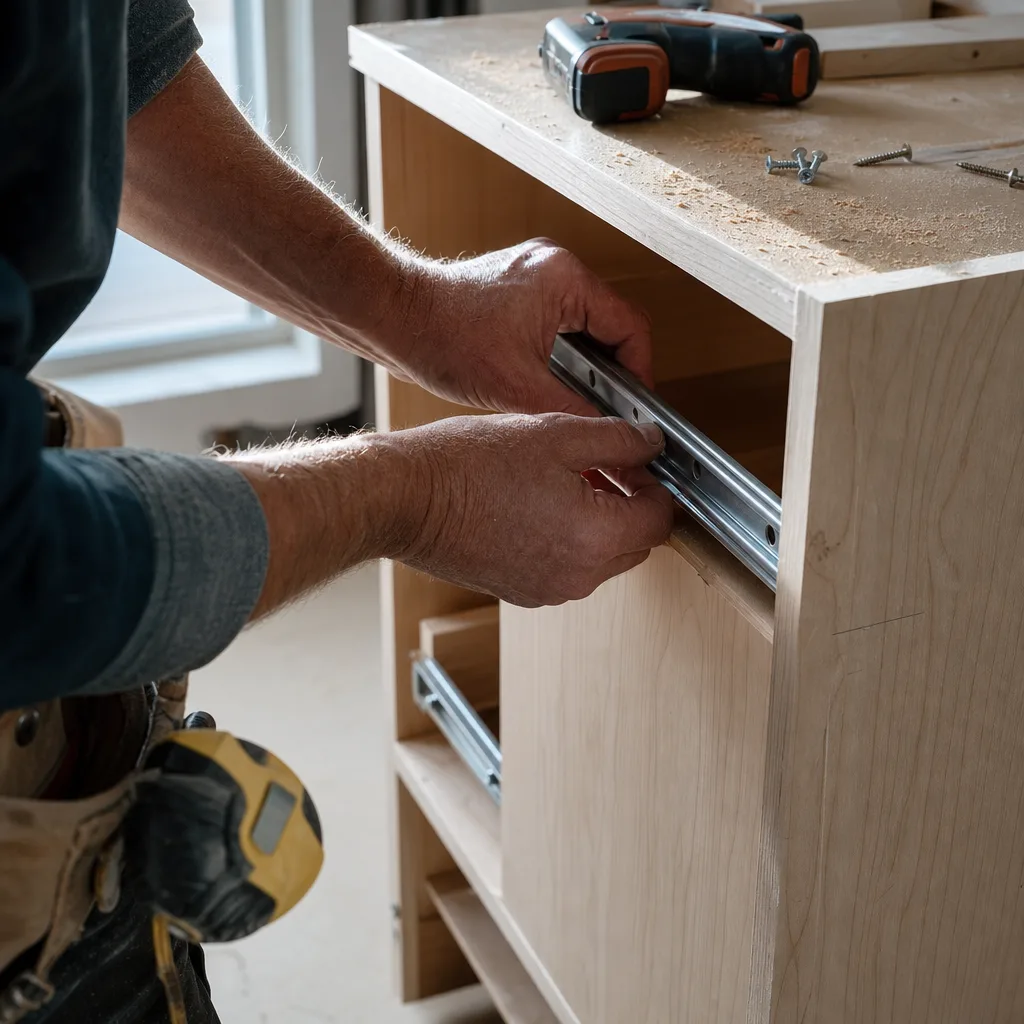 Installer fitting a drawer slide inside a new kitchen cabinet box during a small kitchen remodel in a Leesburg VA home