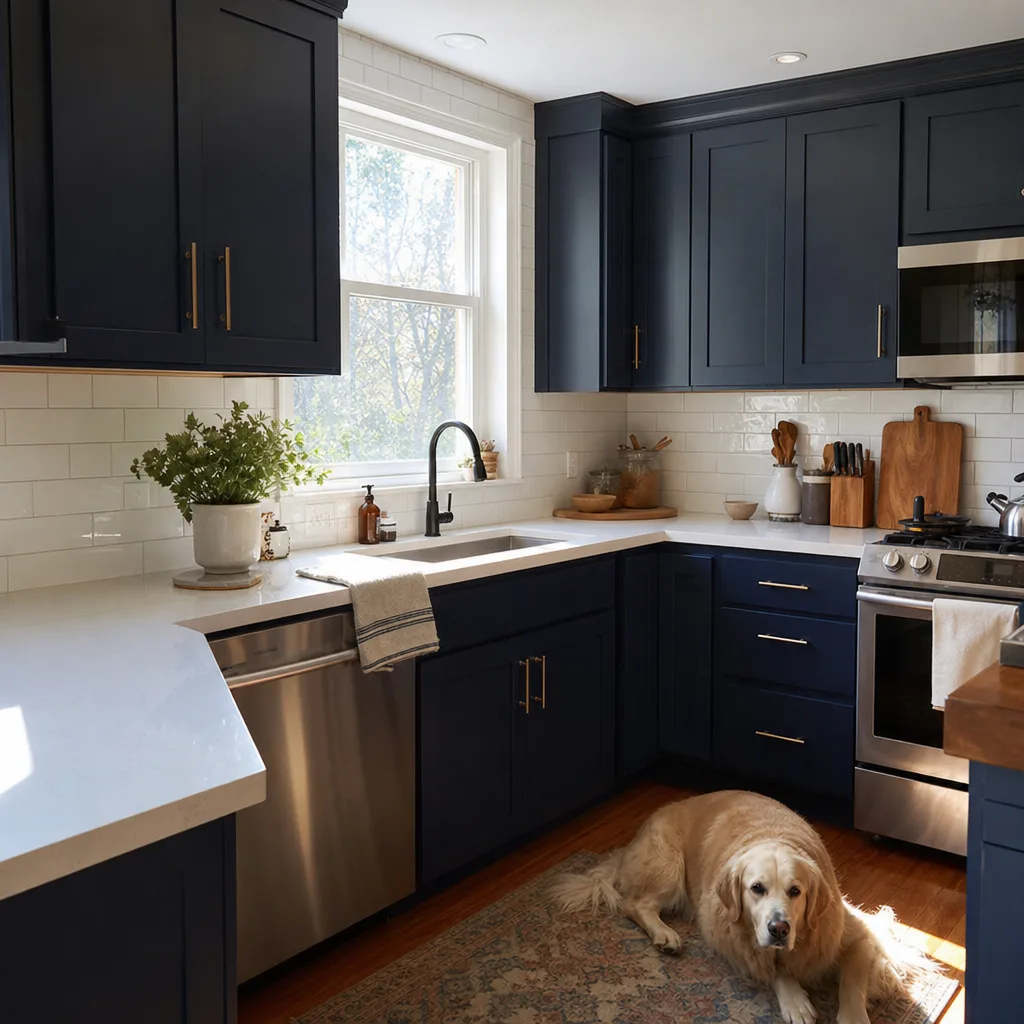 Finished small kitchen remodel with navy blue cabinets, white quartz counters, and brass hardware in a Leesburg VA home