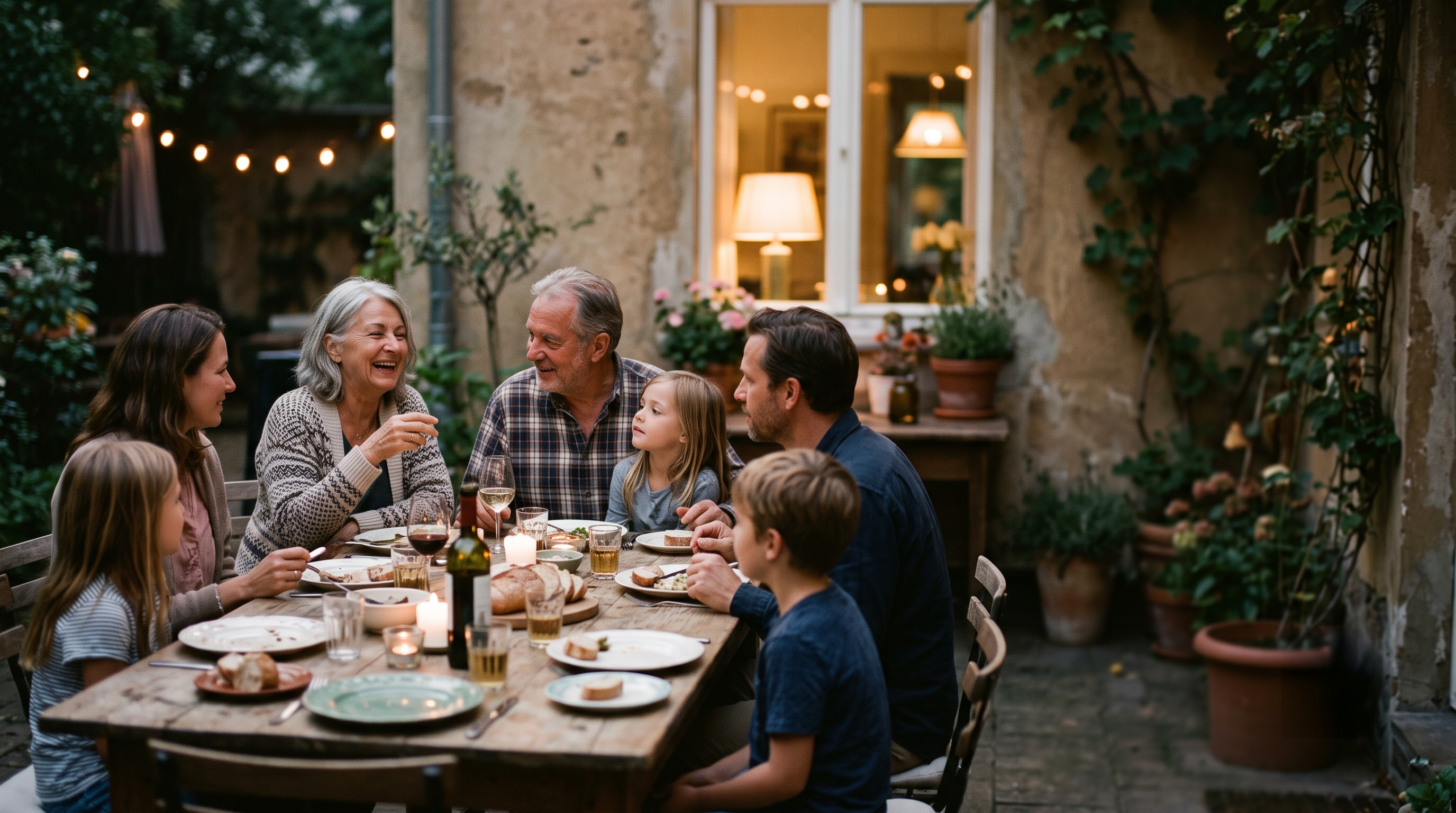 Familia de varias generaciones cenando y riendo alrededor de una mesa