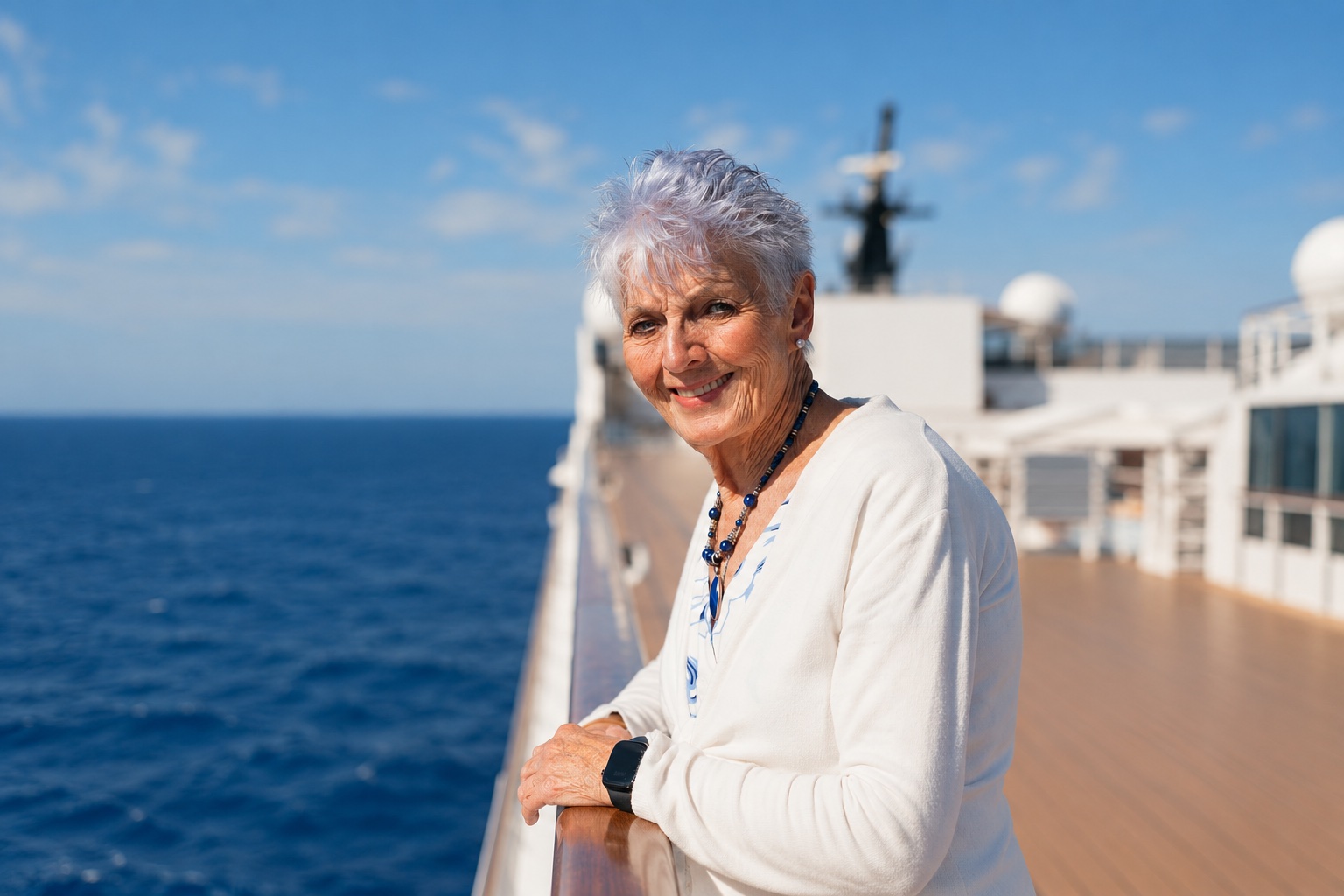 Norita smiling on a ship deck beside the ocean