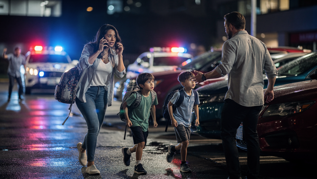 A family responding calmly in an emergency