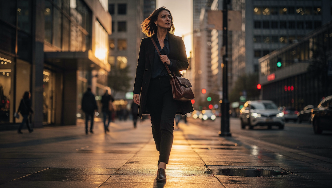 A woman crossing a city street, alert and scanning her surroundings