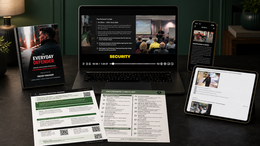 The complete Prepared Protector Program: the Everyday Defender guide, the seminar, the course on phone and tablet, the weekly field cards, the awareness checklist, and the certification