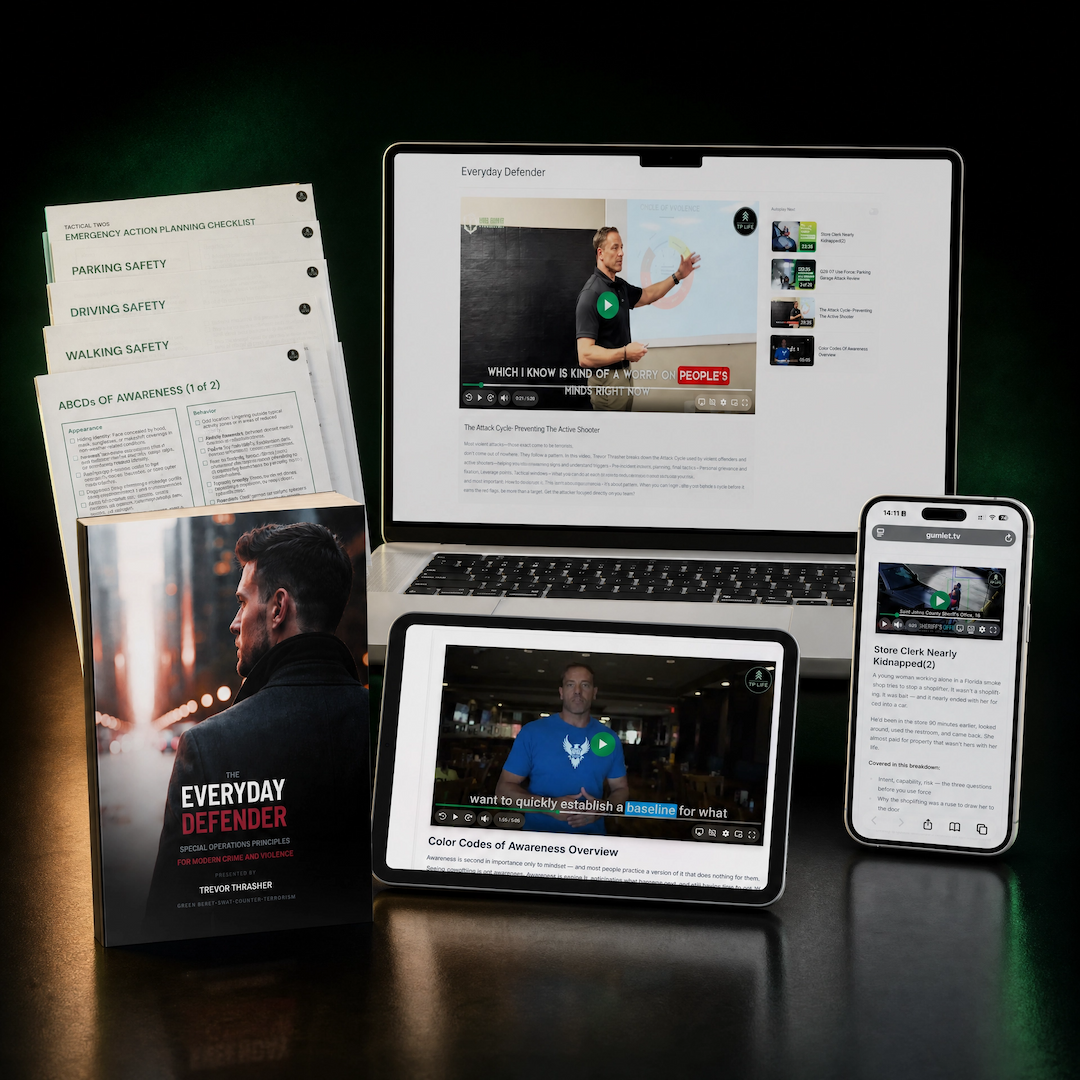 The full Everyday Defender package — book, laptop, phone, and tablet showing the video lessons and checklists