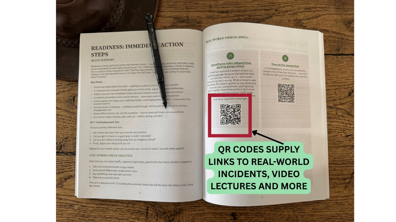 Open book showing a real QR code that links to real-world incident videos and lectures, on a dark wood table
