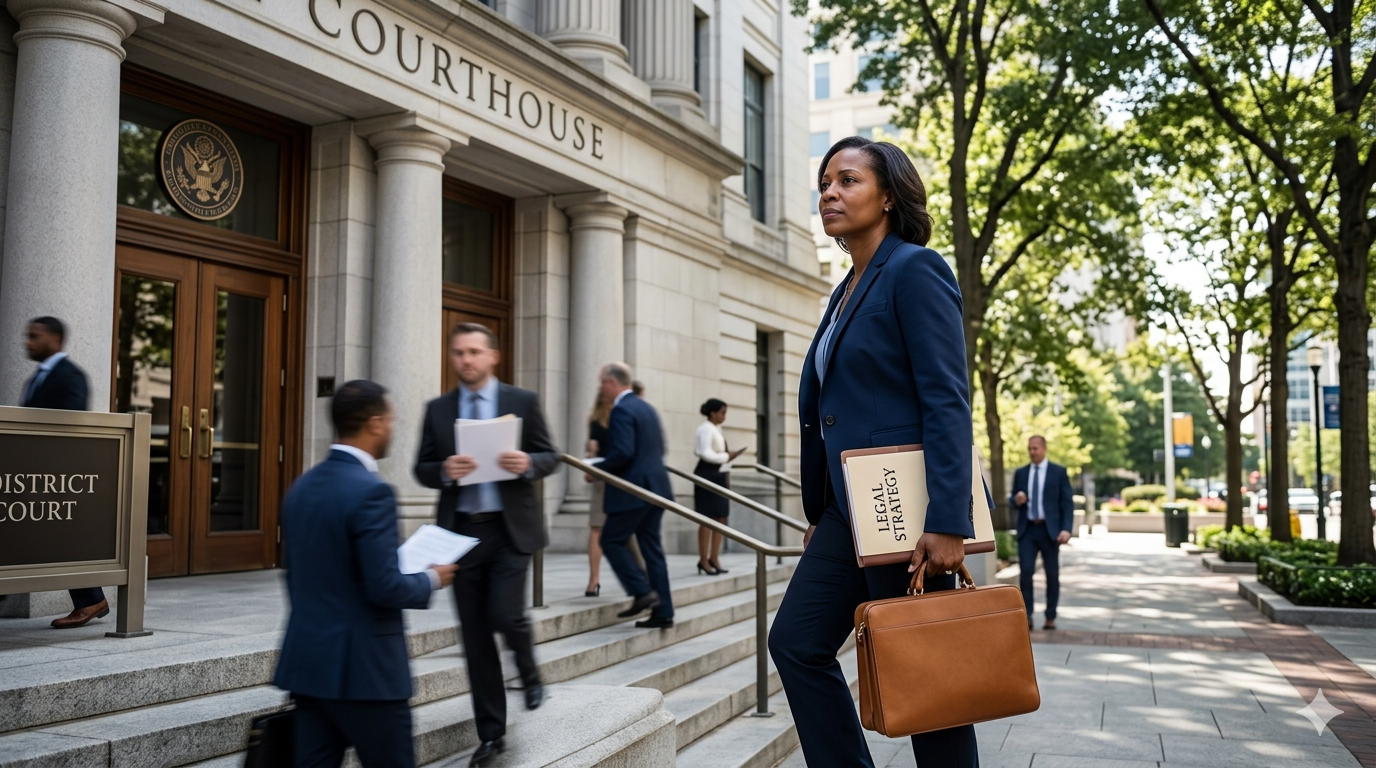 A professional legal advocate holding a "Legal Strategy" folder while walking toward a district courthouse, representing the rise of strategic litigation for recovery housing in 2026. A professional legal advocate holding a "Legal Strategy" folder while walking toward a district courthouse, representing the rise of strategic litigation for recovery housing in 2026.