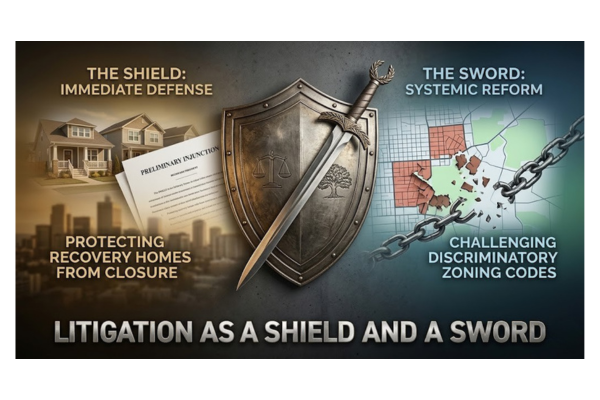 A conceptual 4K graphic illustrating legal advocacy for recovery homes. On the left, a "Shield" protects a suburban house and a "Preliminary Injunction" document from a city skyline. On the right, a "Sword" breaks chains over a discriminatory city zoning map. The center features a bronze shield and sword with a scales of justice emblem, representing FHA and ADA legal defense. A conceptual 4K graphic illustrating legal advocacy for recovery homes. On the left, a "Shield" protects a suburban house and a "Preliminary Injunction" document from a city skyline. On the right, a "Sword" breaks chains over a discriminatory city zoning map. The center features a bronze shield and sword with a scales of justice emblem, representing FHA and ADA legal defense.