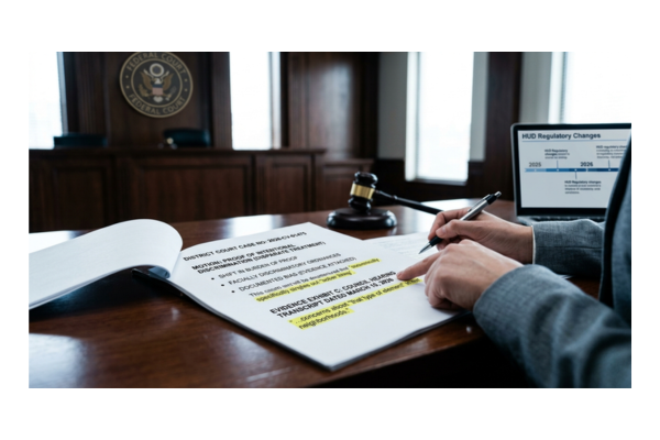 A legal professional in a courtroom reviewing a HUD rule change document with highlighted sections on intentional discrimination, disparate treatment, and sober living evidence. A legal professional in a courtroom reviewing a HUD rule change document with highlighted sections on intentional discrimination, disparate treatment, and sober living evidence.