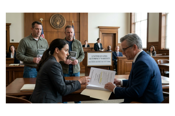A high-stakes legal scene in the Southern District of New York courtroom showing attorneys reviewing documents for United States v. Town of Beekman, featuring veterans holding Bunkhouse Recovery Ranch brochures in the background. A high-stakes legal scene in the Southern District of New York courtroom showing attorneys reviewing documents for United States v. Town of Beekman, featuring veterans holding Bunkhouse Recovery Ranch brochures in the background.
