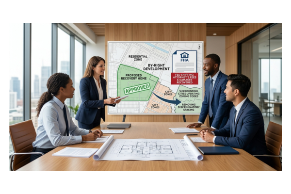 A professional meeting room where experts review a zoning map showing a "Proposed Recovery Home" marked as "Approved" for "By-Right Development," highlighting Fair Housing Act (FHA) compliance and fee-shifting benefits. A professional meeting room where experts review a zoning map showing a "Proposed Recovery Home" marked as "Approved" for "By-Right Development," highlighting Fair Housing Act (FHA) compliance and fee-shifting benefits.
