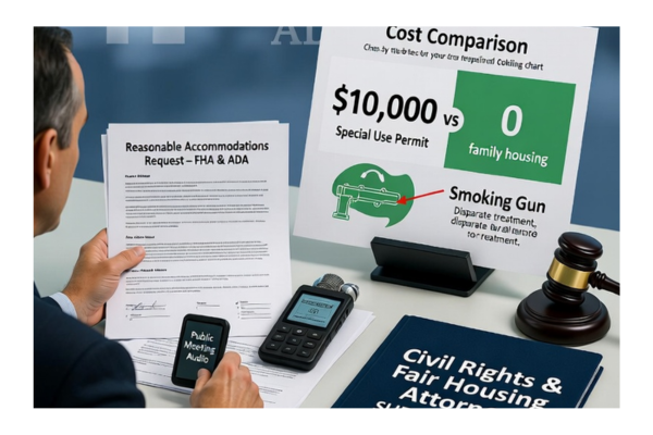 Professional preparing a strong legal case for recovery housing — showing reasonable accommodations request under FHA and ADA, public meeting audio recording, cost comparison highlighting $10,000 special use permit vs $0 for family housing as smoking gun for disparate treatment, and civil rights fair housing attorney resources for Substance Use Disorder protections. Professional preparing a strong legal case for recovery housing — showing reasonable accommodations request under FHA and ADA, public meeting audio recording, cost comparison highlighting $10,000 special use permit vs $0 for family housing as smoking gun for disparate treatment, and civil rights fair housing attorney resources for Substance Use Disorder protections.