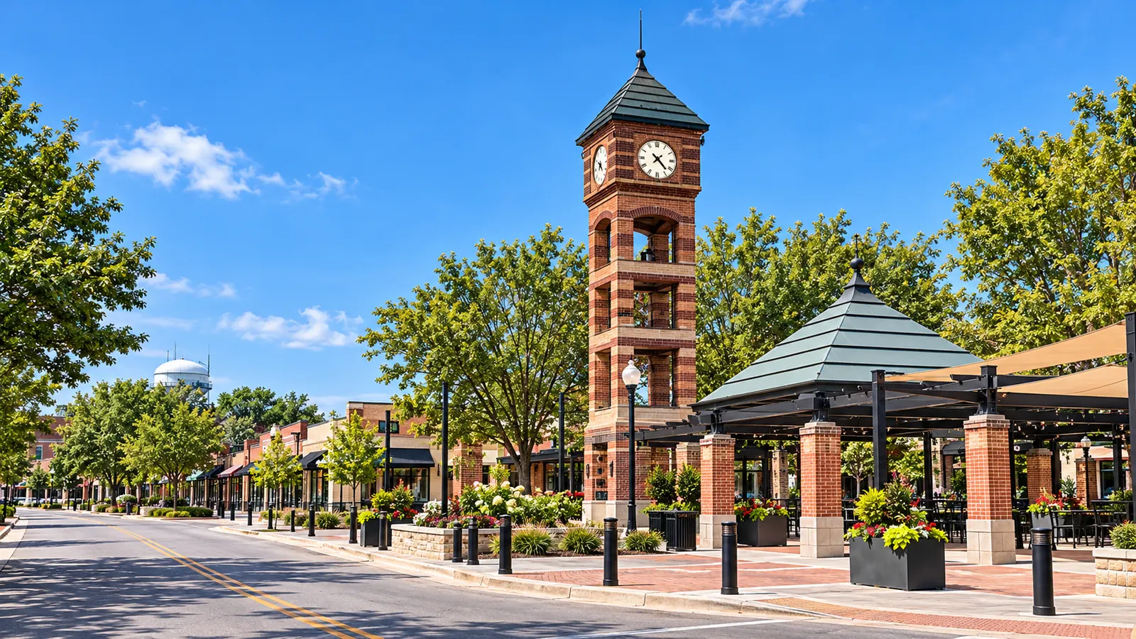 Illustration of the downtown Overland Park clock tower and surrounding shops in Overland Park, Kansas.