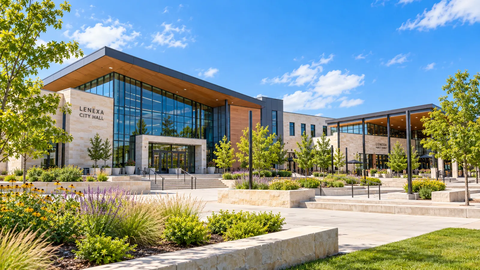 Illustration of Lenexa City Hall and its curved glass facade overlooking the civic plaza in Lenexa, Kansas.
