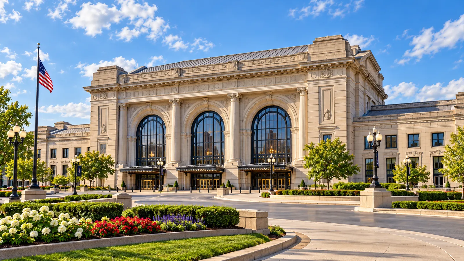 Illustration of Union Station in Kansas City, Missouri, featuring its limestone facade and grand arched windows.