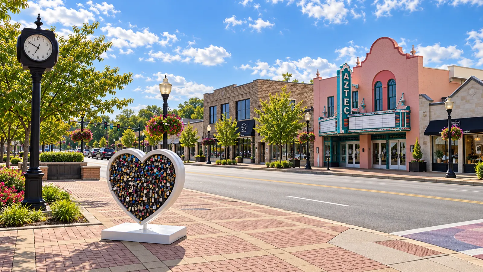 Illustration of downtown Shawnee, Kansas, featuring the historic Aztec Theater and a heart-shaped public art sculpture.