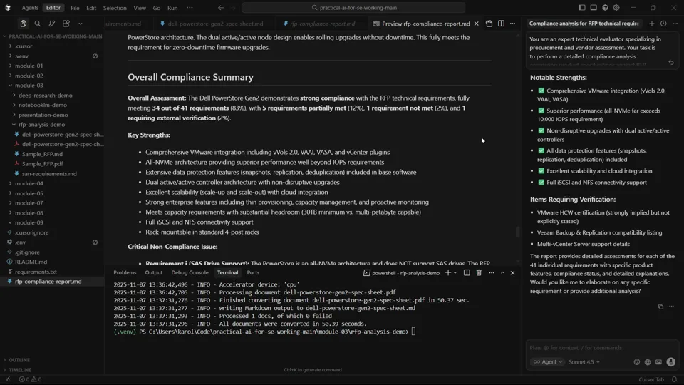 RFP compliance report generated by AI in Cursor IDE
