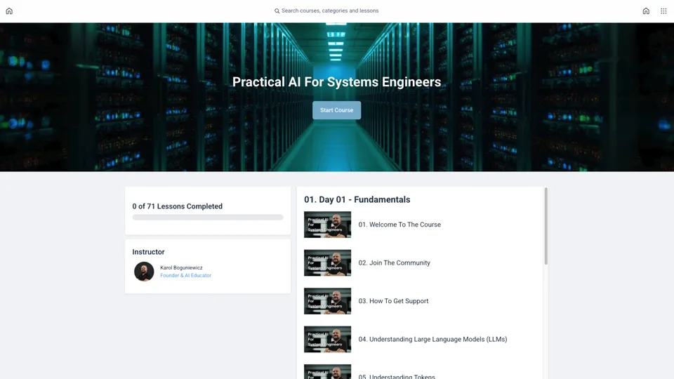 Course dashboard showing 10 modules and 71 lessons