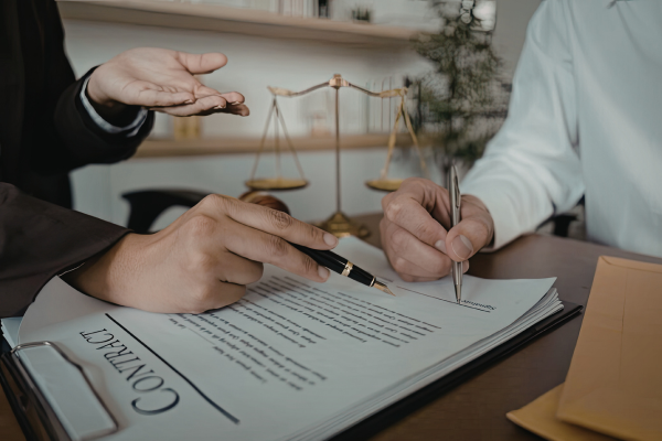 Two parties reviewing and signing a legal contract Two parties reviewing and signing a legal contract