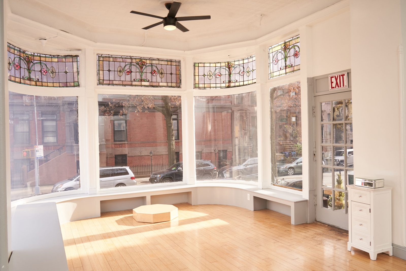 Stained glass across the bay window