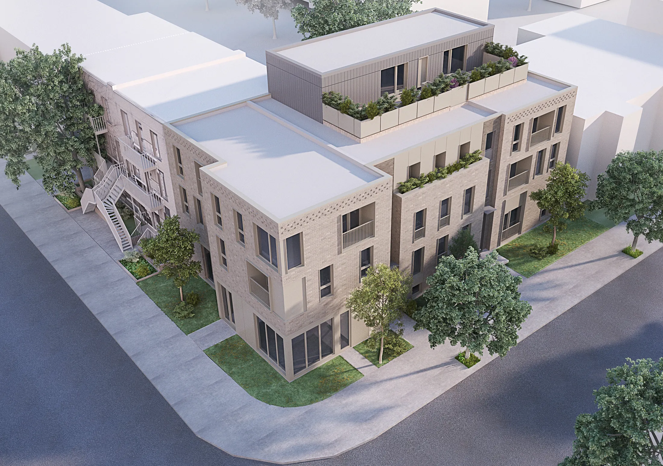Rendu aérien du projet au coin du boulevard Saint-Michel et de la rue Dandurand