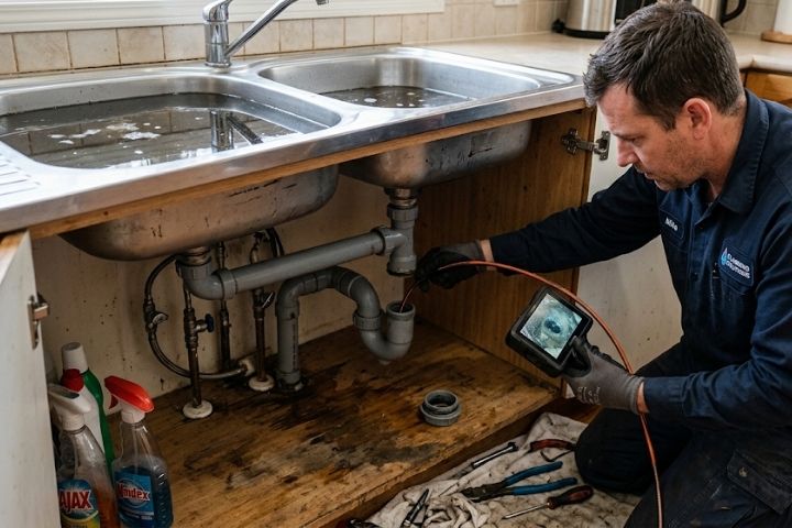 A plumber checking kitchen pipes to determine how to unclog a garbage disposal.