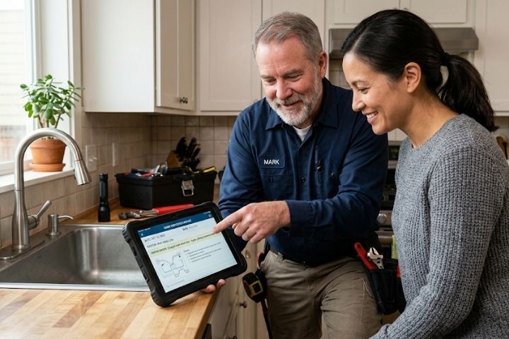 A plumber and homeowner discussing priorities following a plumbing maintenance inspection. A plumber and homeowner discussing priorities following a plumbing maintenance inspection.