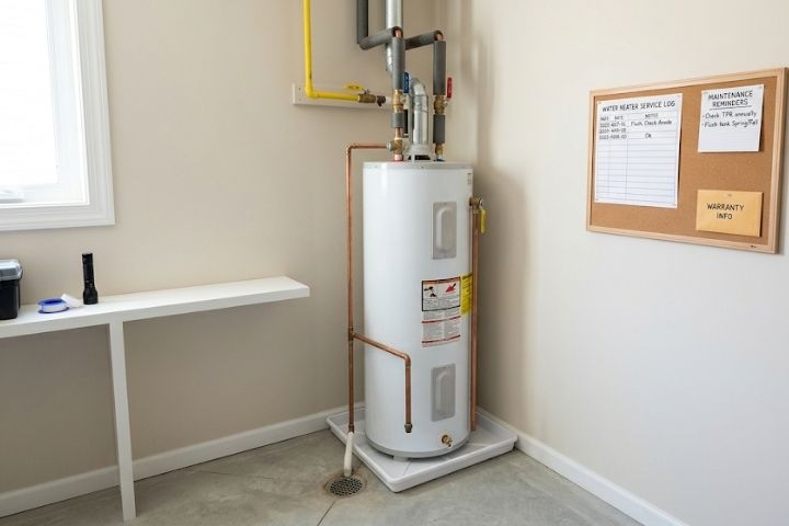 A water heater and shutoff valve setup ready for plumbing maintenance. A water heater and shutoff valve setup ready for plumbing maintenance.