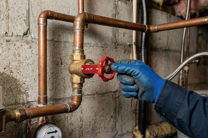 A plumber locating a residential main water shutoff valve to quickly handle potential plumbing emergencies.