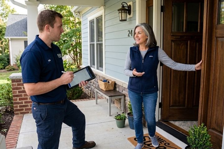 A homeowner explaining a pipe concern to a technician before a plumbing inspection.