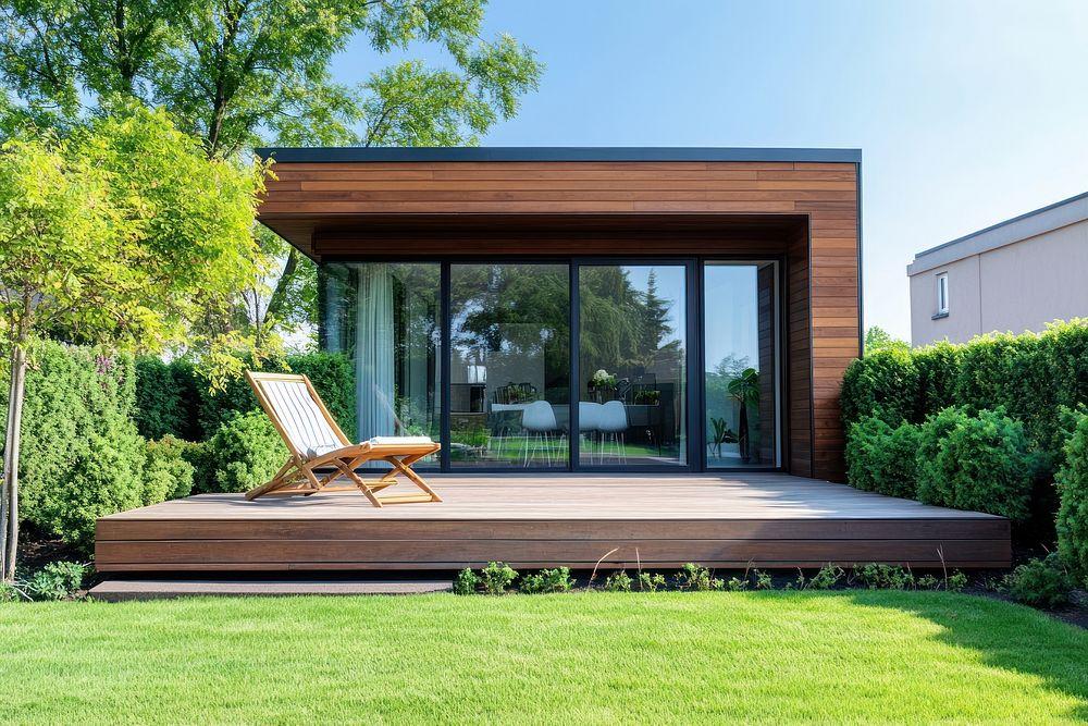 Ground-level wooden deck connected to a residential backyard