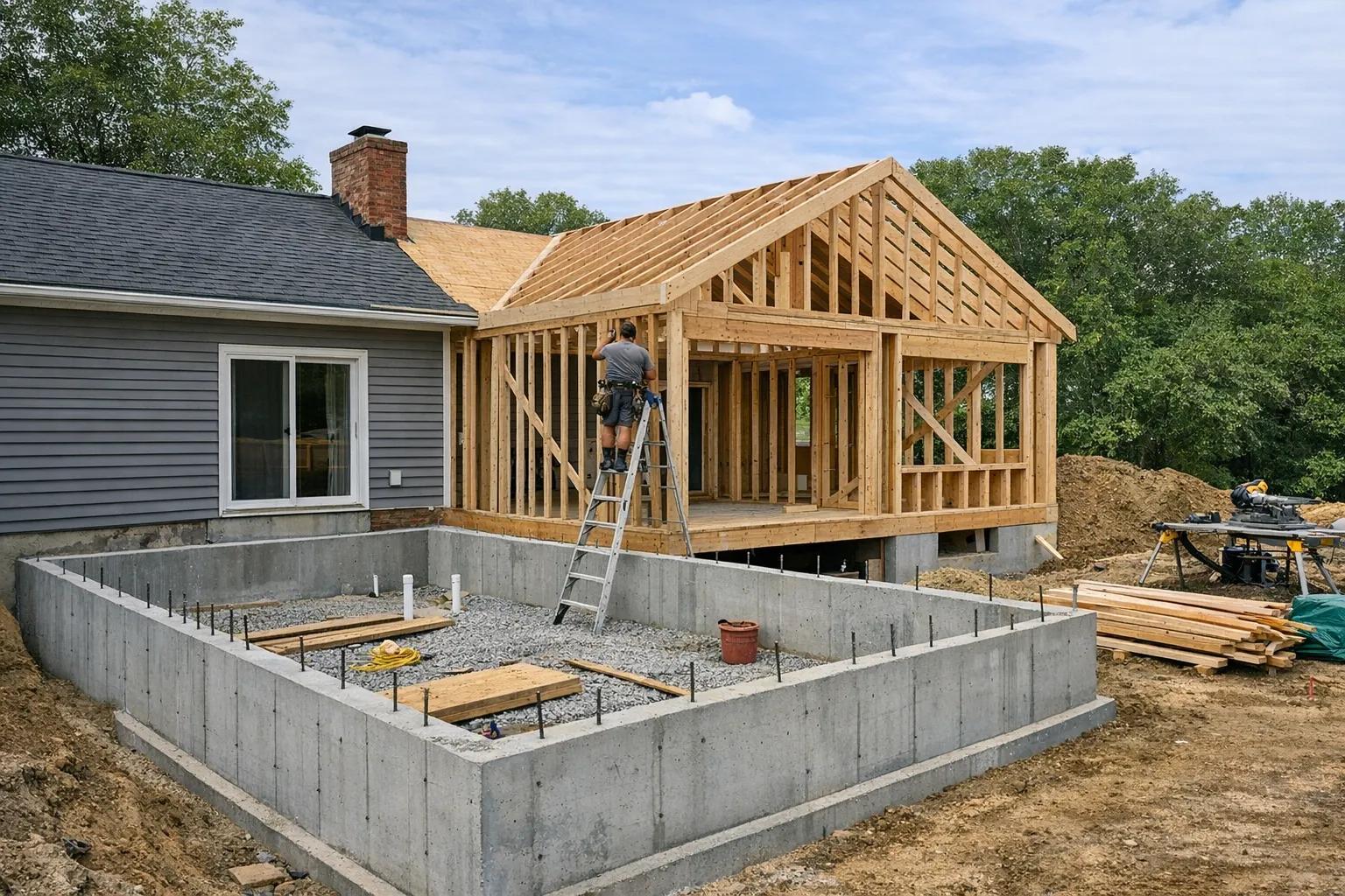 Structural framing and foundation for a residential room addition Structural framing and foundation for a residential room addition