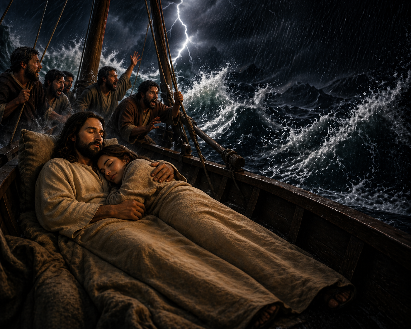 Jesus and I asleep in the stern of the boat in the middle of the storm.
