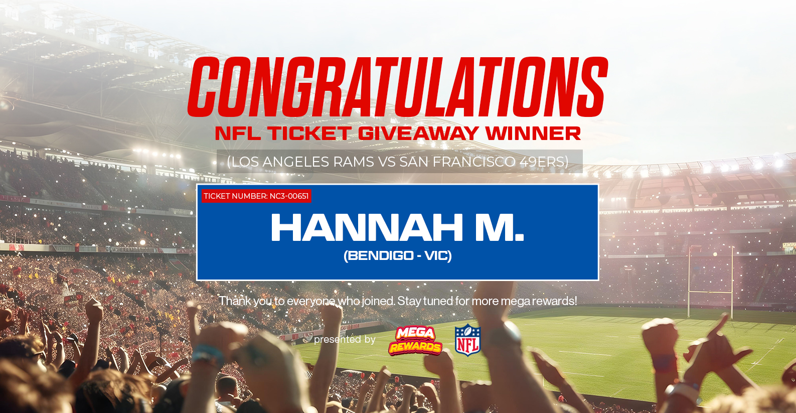 NFL Footy Ticket Giveaway – Rams vs 49ers Winner Announcement