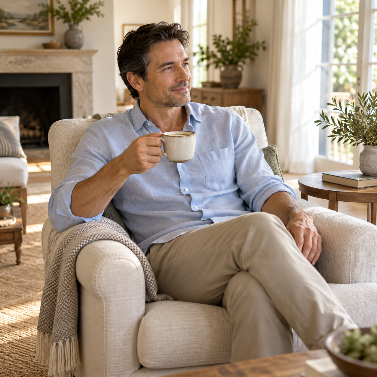 A man sitting comfortably and relaxing peacefully at home with a coffee