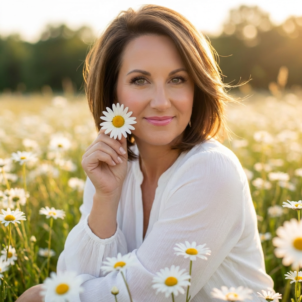 Devin Shelton in a daisy field
