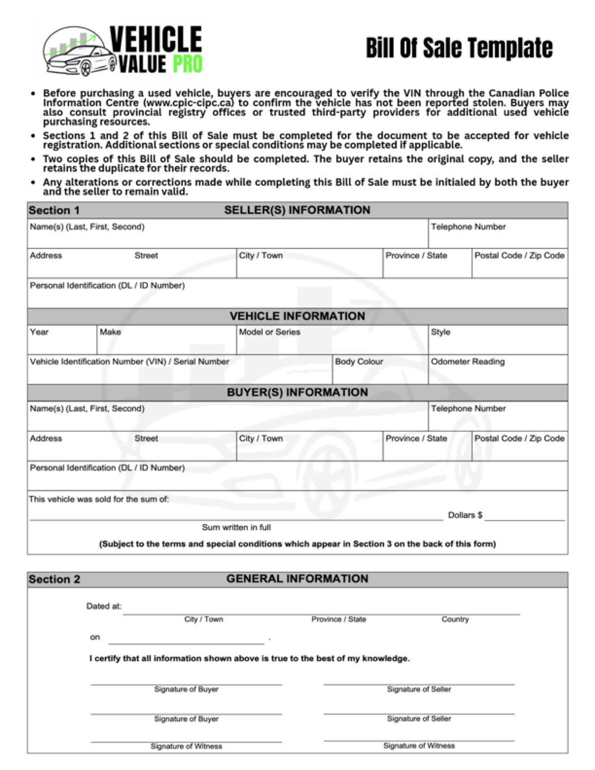 The Bill of Sale template